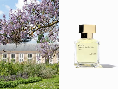 Les jardins du Parc Trianon et flacon du nouveau parfum Apom de MAISON FRANCIS KURKDJIAN (en vente chez Isolée).