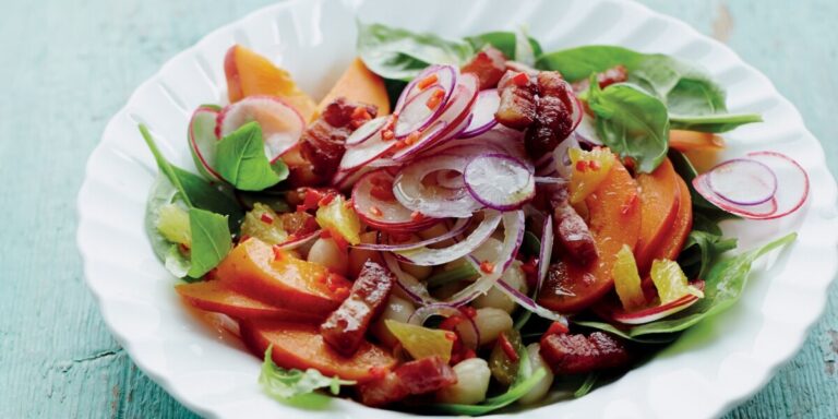 Recette : salade de haricots, lardon et abricot avec vinaigrette aux agrumes