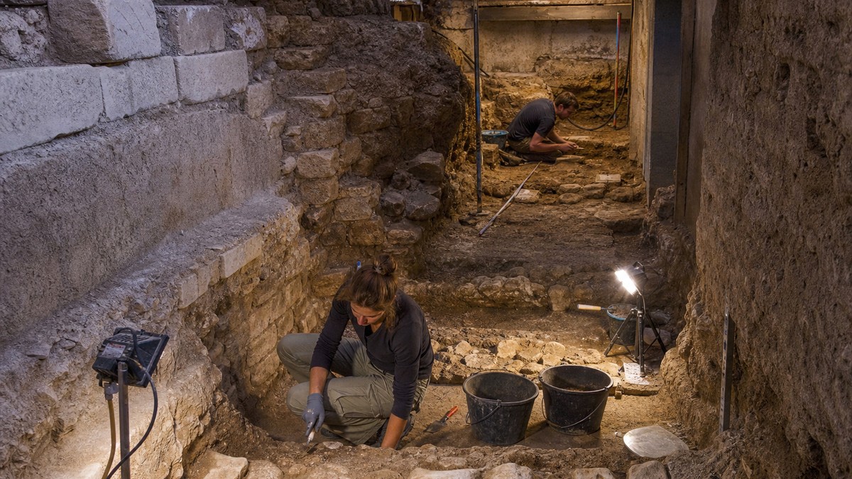 Archéologues étudiant des couches de sol sous un chantier de l’île de la Cité