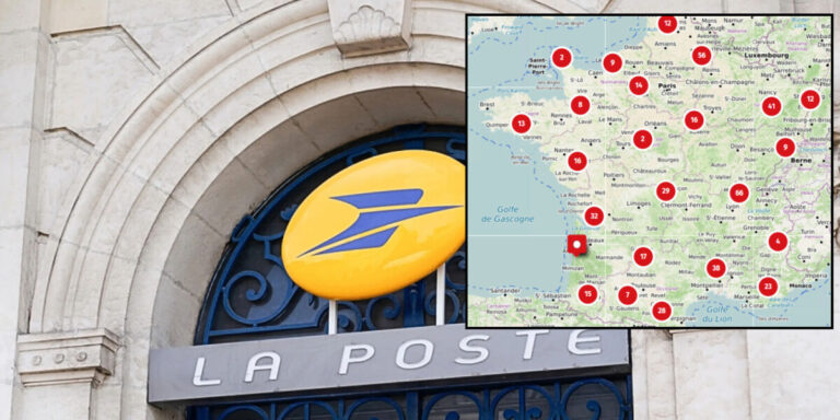 La carte montre les bureaux de poste français menacés de fermeture ou de changement