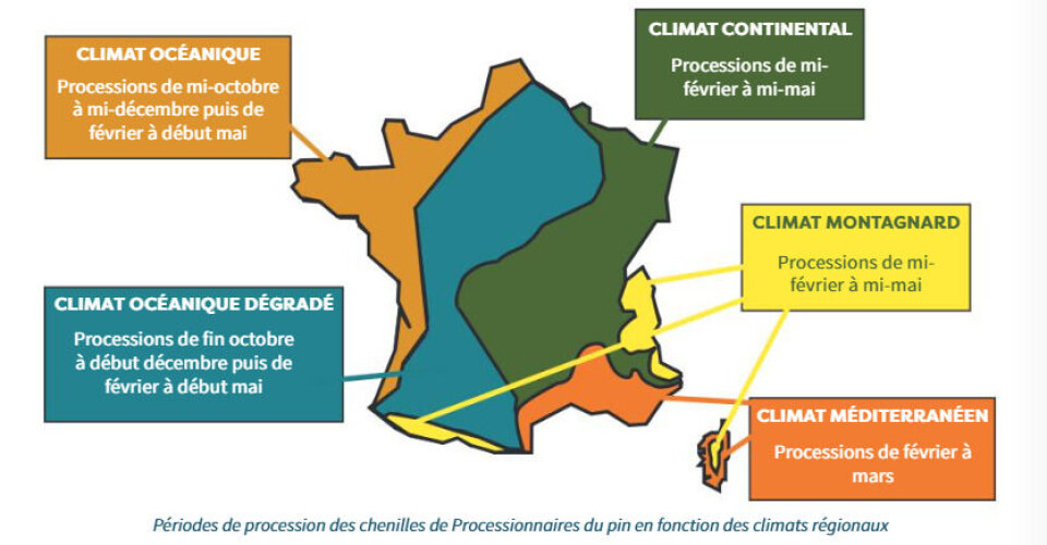 Carte schématique de la France montrant ses principales régions climatiques en différentes couleurs